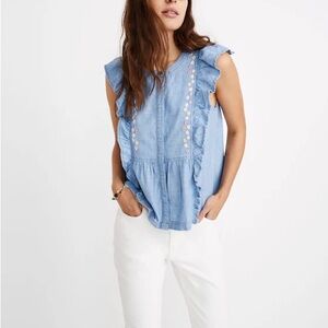 Madewell Women’s Floral Embroidered Denim Ruffle Blouse Top 100% Cotton Blue S